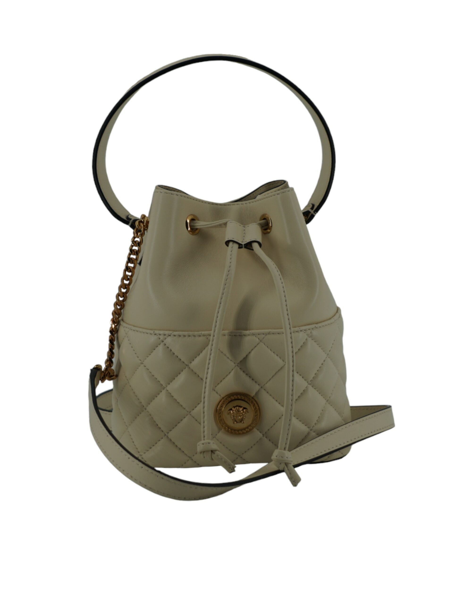 Versace Elegant Small White Leather Bucket Shoulder Bag – luxury by Versace | PrivePolai